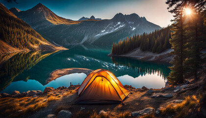 Tent by the lake in the mountains - obrazy, fototapety, plakaty