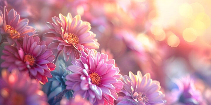 Mother's Day pale pink Gerbera flowers close up and soft focus bokeh wide background with space for message
