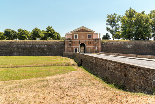 View of the medieval surrounding wall of Lucca with the San Donato Gate or Porta San Donato, Tuscany, Italy.