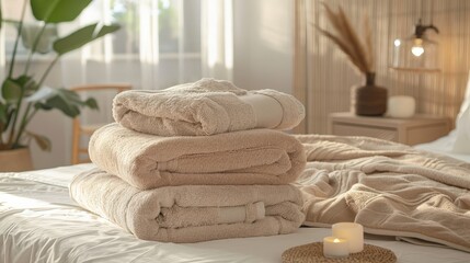 Fototapeta na wymiar stack of clean beige towels on a bed in a hotel room