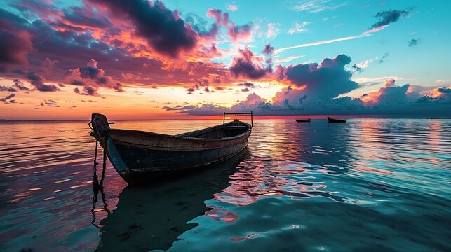 a boat sitting in water at sunset, in the style of sky-blue and purple, vibrant airy scenes, captivating documentary photos, light pink and black, romantic seascapes, light sky-blue and green