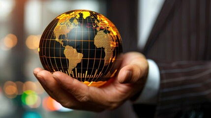 Fototapeta premium Businessman's Hand Holding Globe with Financial Charts