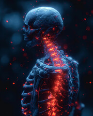 3d render of medical background with female skeleton with red highlight - obrazy, fototapety, plakaty