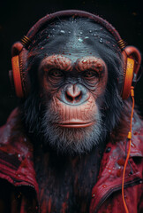 Portrait of chimpanzee with headphones