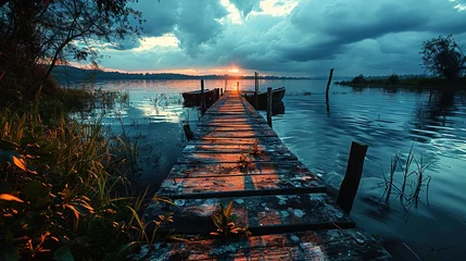 Foto op Canvas a boat's dock on a lake, in the style of soft, atmospheric lighting, light sky-blue and dark black, creative commons attribution, happenings, time-lapse photography © Smilego