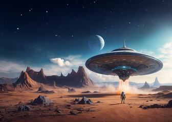 Lone astronaut and ufo on alien planet