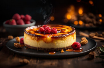 Gourmet caramel cheesecake with raspberries