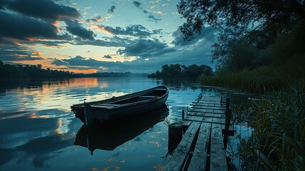 a boat's dock on a lake, in the style of soft, atmospheric lighting, light sky-blue and dark black, creative commons attribution, happenings, time-lapse photography