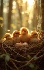 Four little chickens sitting in nest in the middle of the forest