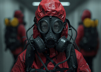 People in chemical protection suits walking down the corridor of power plant.