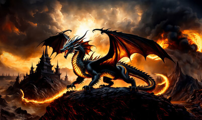 Black dragon roaring and spreading wings in fire
