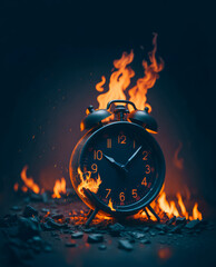 Burning alarm clock in dramatic fire