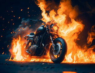 Dramatic image of a motorcycle engulfed in flames at night - 746615819