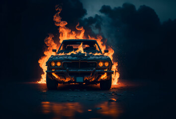 Engulfed in flames, a car on fire at night