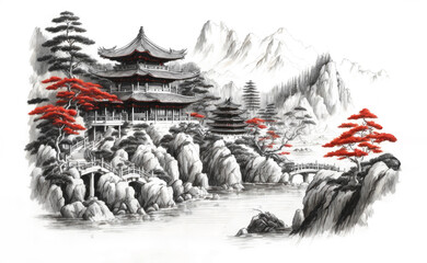Traditional Asian pagoda in mountain landscape
