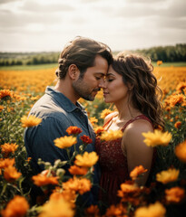 Romantic couple embracing in flower field
