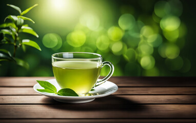 Glass cup of fresh green tea on wooden table