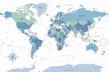 World Map - Highly Detailed Vector Map of the World. Ideally for the Print Posters. Blue Green White Colors - 746616010
