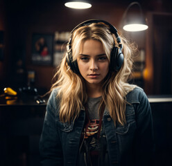 Young woman enjoying music on headphones - 746616045