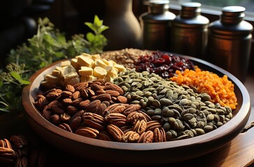 a bowl of spices and nuts from pecans, almond, and pumpkin seed, in the style of sculptural alchemy, use of earth tones, meticulous technique, warmcore, naturecore, raw energy
