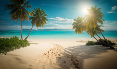 Tropical beach paradise at sunset - 746616240