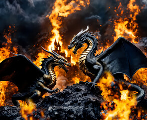 Two dragons roaring and fighting in fire - 746616265