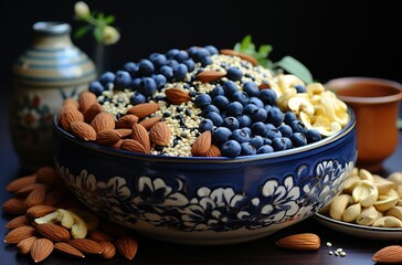 a bowl with nuts, seeds, and other ingredients, in the style of light bronze and navy, organic material