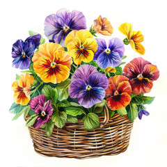 Bouquet of colorful pansies flowers in a basket, watercolor flowers on white background