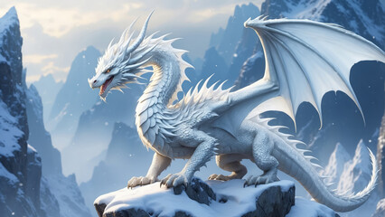 White dragon roaring and spreading wings on rock - 746616296