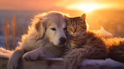 a peaceful morning as a dog and a cat lie together on a bed of lush green grass