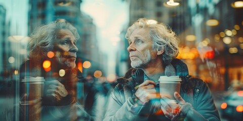 A senior Caucasian man, his hair now a soft blonde, embraces a serene coffee moment within a double exposure image.