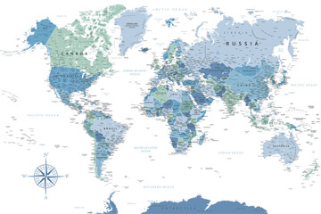 World Map - Highly Detailed Vector Map of the World. Ideally for the Print Posters. Blue Green White Colors - obrazy, fototapety, plakaty