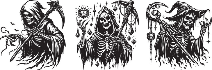 grim reaper with hood and scythe - obrazy, fototapety, plakaty