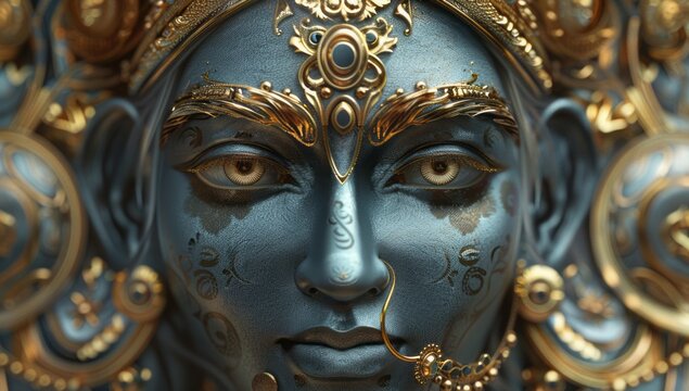 an image of lord krishna with gold and gold, in the style of zbrush, dark gray and sky-blue, serene faces, womancore, solarizing master, exaggerated facial features