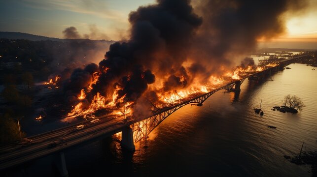 a bridge is burning and it is over water, in the style of whiplash line, birds-eye-view