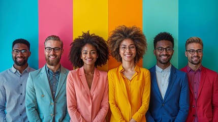 Group of different people standing infront of a rainbow colors wall, diversity concept