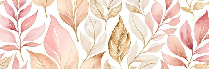 watercolor pink beige and gold floral background pattern with flowers and leaves banner format copy...