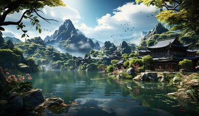 a bridge is over a lake next to a small village, in the style of flower and nature motifs, streetscape, 32k uhd, organic architecture, mountainous vistas