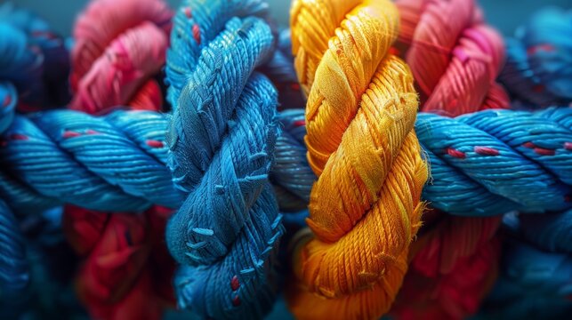 Diversity and strength concept rainbow colors ropes, closeup view