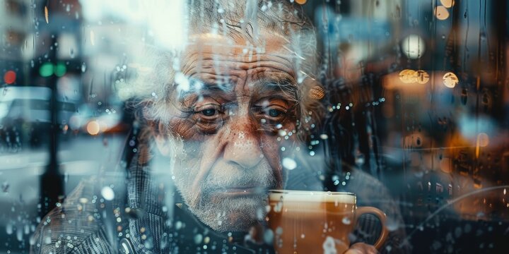 A senior Latin man, his demeanor reflecting a lifetime of experiences, finds solace in a tranquil coffee moment within a double exposure image.
