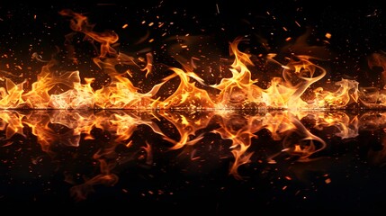 Fototapeta na wymiar Fire flames on black background. fire flames and sparks with horizontal repetition on dark background, digital ai 