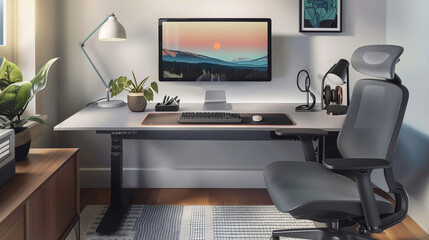 Clean and Modern Minimalist Workspace with Ergonomic Setup for Health