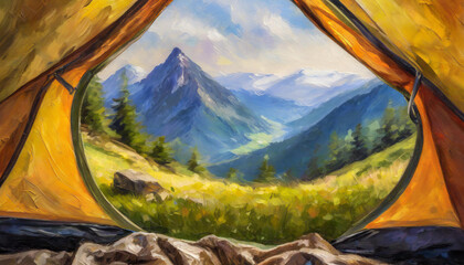 Point of view from tourism camping tent on forest and mountains, nature landscape, oil painting - obrazy, fototapety, plakaty
