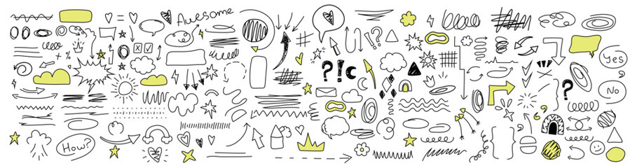 Set and collection of doodle highlighter editable lines and strokes. Hand drawn. Arrows, lines, inscriptions, dotted lines, shapes, figures. Stripe. Brushes neoteric elements. Pencil and pen. Isolated