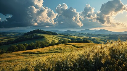 a bright green field with clouds above, in the style of vivid dreamscapes, windows vista, dark blue and orange, i can't believe how beautiful this is, spectacular backdrops, large canvas format