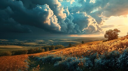 a bright green field with clouds above, in the style of vivid dreamscapes, windows vista, dark blue and orange, i can't believe how beautiful this is, spectacular backdrops, large canvas format - obrazy, fototapety, plakaty