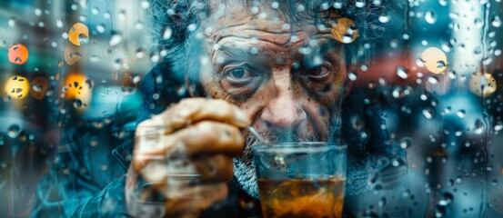 A senior Caucasian man, with his distinguished black hair, embraces a serene coffee moment within a double exposure image.