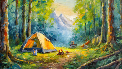 Oil painting camping site and landscape forest, camp tent in the woods, summer or spring outdoor