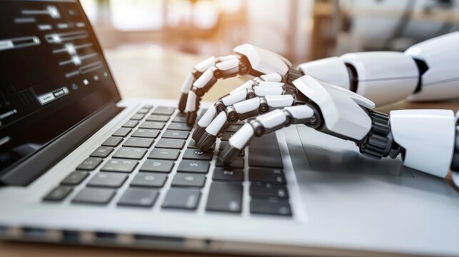 Chatbot. Robot hands typing text on a laptop keyboard. The robot's fingers delicately caress the keys, as it brings the power of language to life through its mechanical touch.