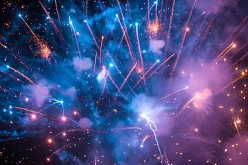 A vibrant display of fireworks forming a dazzling canopy of lights in the night sky, with radiant sparks cascading downwards, creating a magical atmosphere. - obrazy, fototapety, plakaty